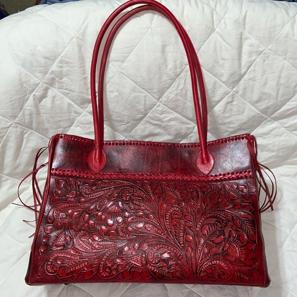 RARE Vintage Gorgeous Alexis David Tooled fringe boho large Tote Handbag